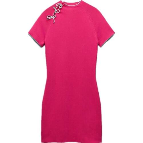 KONDALA Za 2021 Stylish Pink Sheath Mini Party Dress Women Short Sleeve Knitted Cotton Sexy Elegant Chic Vestidos