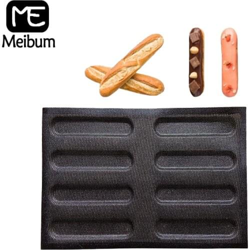 Meibum 8 Cavity Long Loaf Bread Cookie Baking Mold Non Stick Porous Glass Fiber Silicone Mould Baguette Eclair Bun Bake Tray