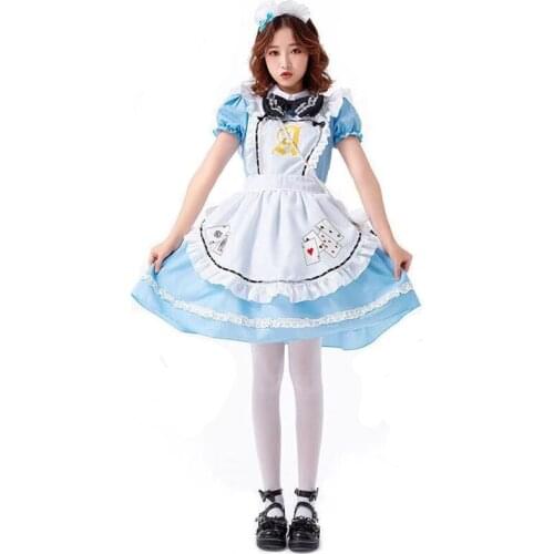 Sky Blue Fairy Tale Lolita Women Maid Housekeeper Cosplay Female Halloween Alice Costumes Carnival Purim Role Play Party Dress