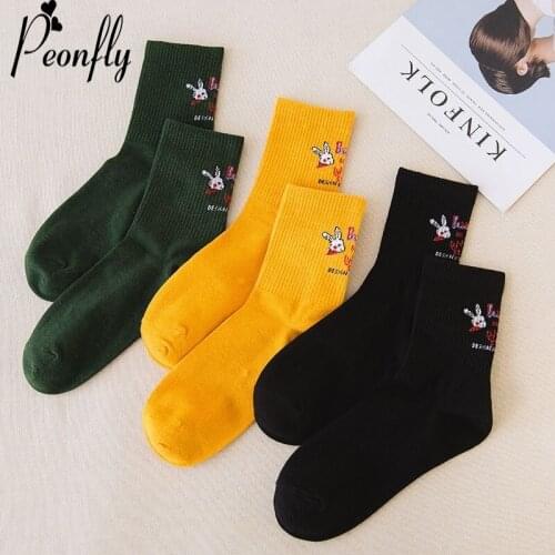 PEONFLY Women jacquard cotton long socks cute cartoon rabbit Hosiery Personality letter Street Hip-hop Motion socks black yellow