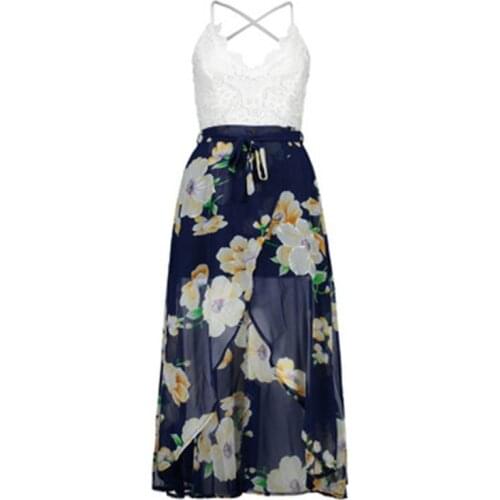 Dress Women 2021 Sexy Maxi Long Lace Stitching Print Sling V-neck Split Chiffon Dress Dresses Vestidos Dropshipping LY2171