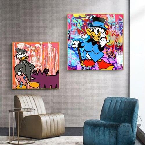 Disney Cartoon Poster Graffiti Donald Duck Hold Money Prints Canvas Painting Wall Art Picture For Kids Room Wall Home Decoration