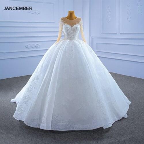 RSM67293 White Elegant Bridal Wedding Dress Beaded Beading Shiny Lace Long Sleeve Frill Pattern Banquet Party Celebration Gown