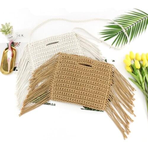 Tassels hand held Handmade Cotton Rope Hollow Out Woven Fringe Bag Trend Womens woven Handbag Straw Bag For Ladies