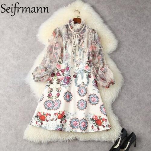 Seifrmann New 2021 Summer Women Fashion Designer Party A-Line Dress Lantern Sleeve Bow High Waist Floral Print Ladies Midi Dress