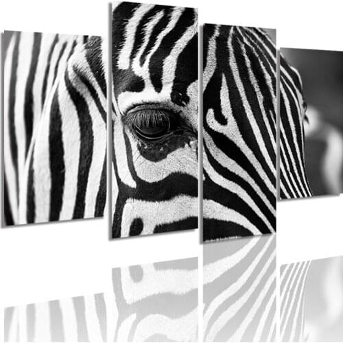 Modern African Animals Zebra 4 Panels Canvas Painting HD Poster Wall Art Print Picture Living Room Interior Home Decor Frame