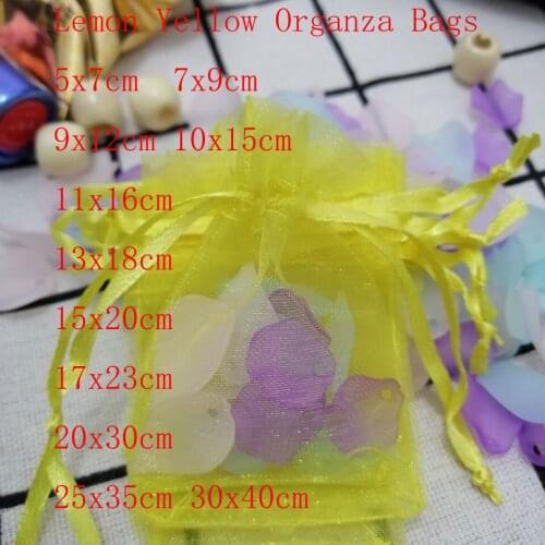 Lemon Yellow Organza Bags 100pcs/Lot 7x9 9x12 10x15 13x18 15x20 cm Jewelry Drawstring Bags Christmas/Wedding/Gift Packing Bags
