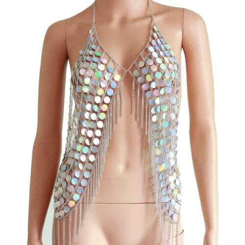 Chran Holographic 2018 Mermaid Tanks & Camis Seascape Tops Halter Necklaces Holiday Wear Sequin Womens Party Jewelry Accessories
