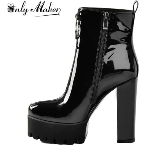 Onlymaker Patent Leather Ankle Boots Platform Thick High Heel Zipper For Women Plus Size us5~us15 For Ladies Black Booties