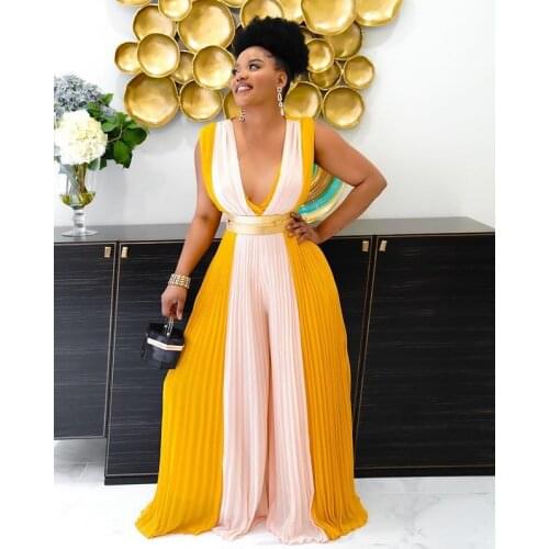 Indie Folk Women Sexy Deep V-neck Jumpsuits 2021 Summer Contrast Color Patchwork Sleeveless High Waist Loose Pleated Rompers