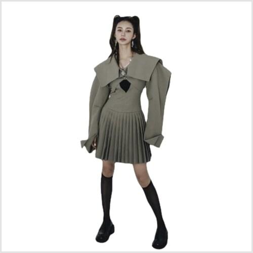 Aurance Women Dress Two Piece Sets Women Puff Sleeve Short Blazer Coat With Pleated Mini Dress Sets Vintage Blazer Dress Suits