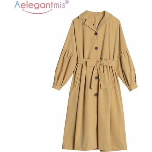 Aelegantmis Vintage Lantern Sleeve Office Lady Loose Trench Coat with Belt Korean Oversized Female Windbreaker All Match Coat