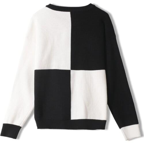 2020 Autumn Fashion Women Sweaters Knitting Pullovers O-neck White Black Color Block Spliced Jumper Ladies Luxury Sweaters Tops