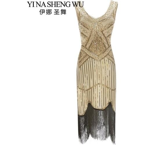 Vintage Women 1920 s Great Gatsby Flapper Sequin Beaded Fringe Dress Party V Neck Bodycon Fringed Sleeveless Latin Dance Clothes