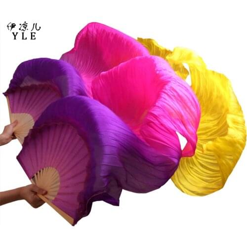 100% Silk Bamboo Ribs Long Silk Fans 1 Pair Left+Right hand Handmade Dyed Silk Belly Dancing Fans Purple+Rose+Yellow 180*90 cm