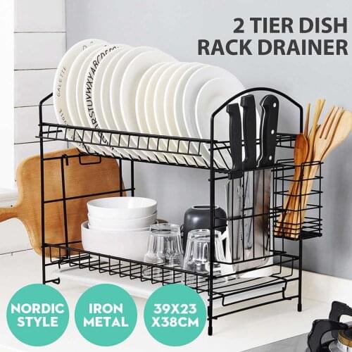 2 Tier Dish Drainer Rack Holder Dish Drying Rack Shelf Plate Cup Cutlery Drainer Rack Plates Holder Drip Tray Kitchen Storage