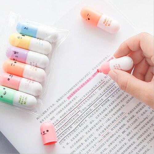 6 pcs Capsules highlighter Vitamin pill highlight marker color pens Stationery Office School supplies marcadores caneta A6869