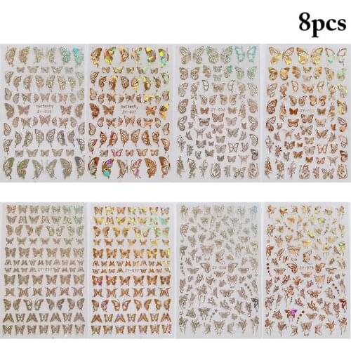 8 Sheets Gold Butterfly Nail Sticker Self-adhesive 3D Glitter Nail Decal Nail Art Decoration Summer DIY Manicure Tools