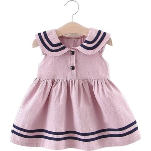 Childrens Dress 2021 Summer Dress Floral Girls' Sleeveless Dress Navy Collar Pleated Daily Wear Girls Lapel Solid Girls Dress