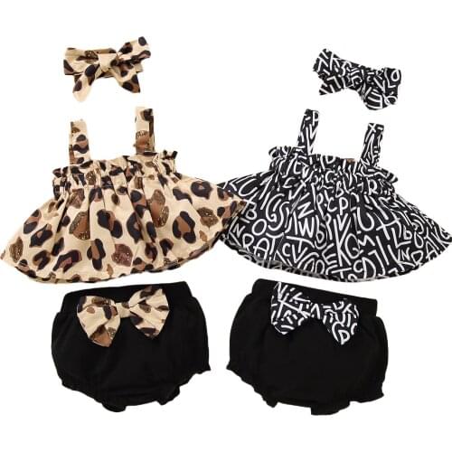 Newborn Toddler Kids Baby Girls clothes Leopard print Top bow Headband Casual Shorts 3pc Outfit Summer New
