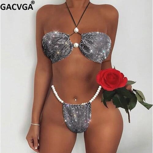 GACVGA 2021 Adjustable Crystal Bikini Set Sexy Thong Swimwear Two Piecs Set Women Summer Biquini Fashion Beach Swimsuit Suits