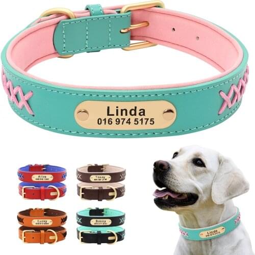 Custom Dog Collars Leather Personalized Pet Name ID Collar Padded Free Engraving Collars Adjustable For Small Medium Large Dogs