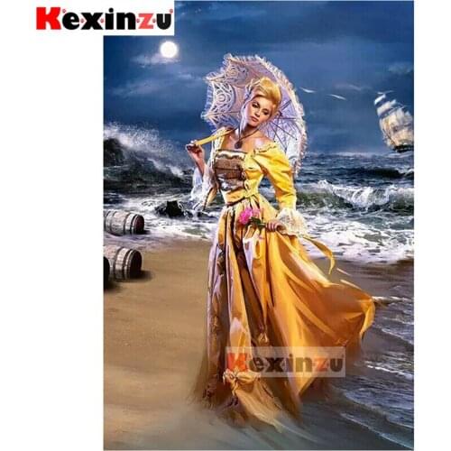 Kexinzu 5D DIY Full Square Drill Diamond Painting Seaside girl flower 3d Mosaic Diamant Embroidery Wedding Room Decoration K0123
