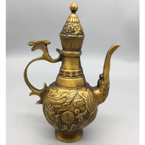 China brass archaize dragon phoenix wine pot crafts statue