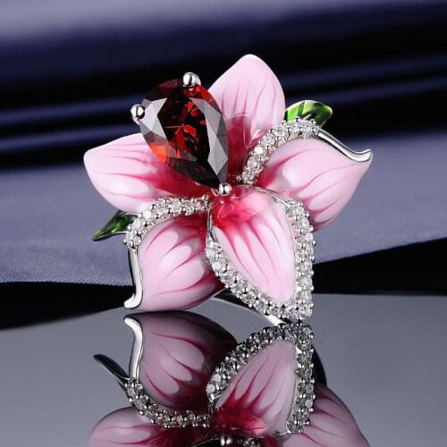 Big Red Crystal Pink Flower Rings With Water Drop Crystal Dripping Oil Lily Jewelry New Party Designer Luxury Jewelry 2020 New