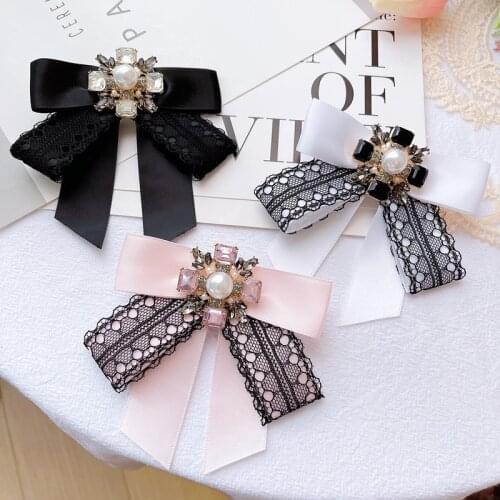 Lace Rhinestone Bow Tie Brooch Pin Fashion Korean Womens College Style Shirt Neckline Accessories Ribbon Collar Flower Pins