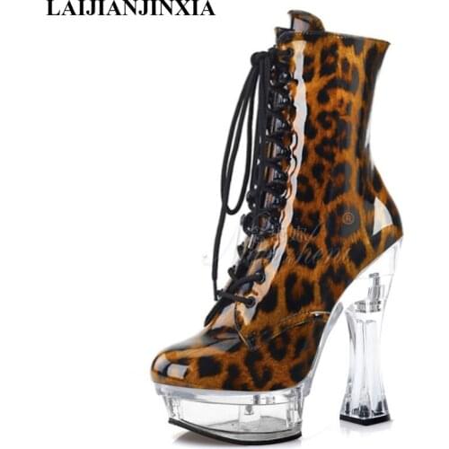 LAIJIANJINXIA New Leopard Women Boots Sexy Ankle Boots Waterproof Platform Party Club Fashion 14cm High Heels Pole Dancing Shoes