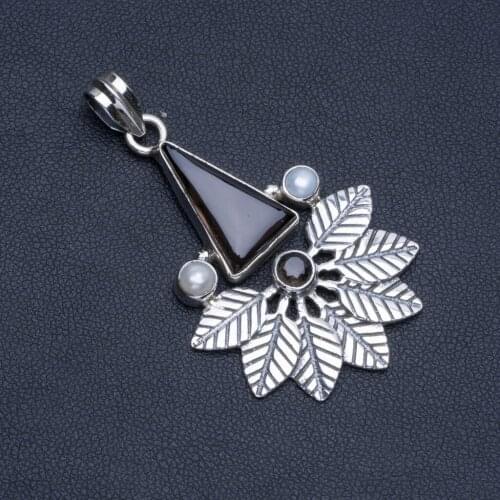 Natural Smoky Quartz and River Pearl Boho Style 925 Sterling Silver Pendant Necklace 2" R1320