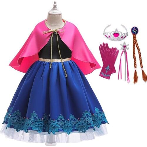 Girls Anna Dress Princess Costume Cosplay Snow Queen Frock Kids Summer Clothes Princess Dress with Cloak Children Party Disguise