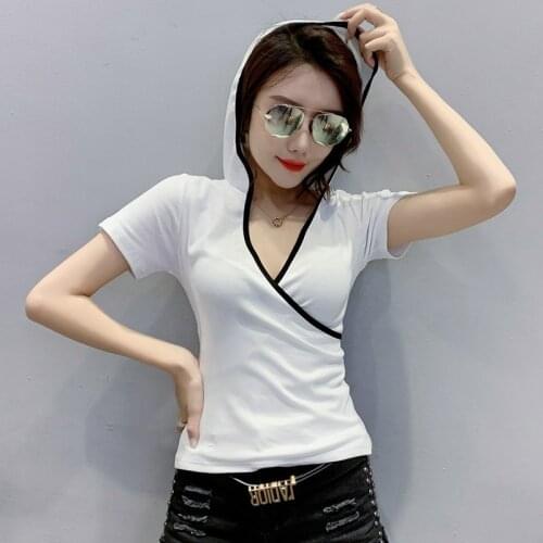 Summer Casual T-shirt Fashion Color contrast Hooded Short sleeve V-neck Top 2021 Women T Shirt Plus Size