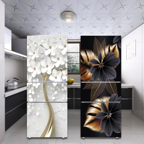 3D White Flower Kitchen Fridge Decorative Stickers PVC Waterproof Duplex Refrigerator Door Wrap Full Covering Fashion Wall Decal