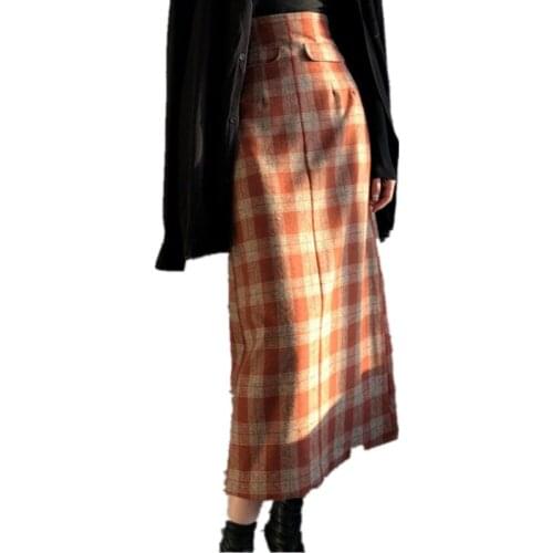 Woolen Plaid Skirt women 2020 autumn winter High Waist Retro Red Medium Long A-Line package hip Skirt