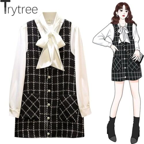 Trytree Autumn Women two piece set Single Breasted Casual Bow Blouse + Dress MIni Plaid Kintted Pockets Office Lady 2 Piece Set