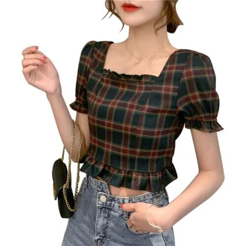 2021 Summer Top Women Short Sleeve Plaid Puff Sleeve Square Neck Chiffon Leisure Summer Women Streetwear футболка