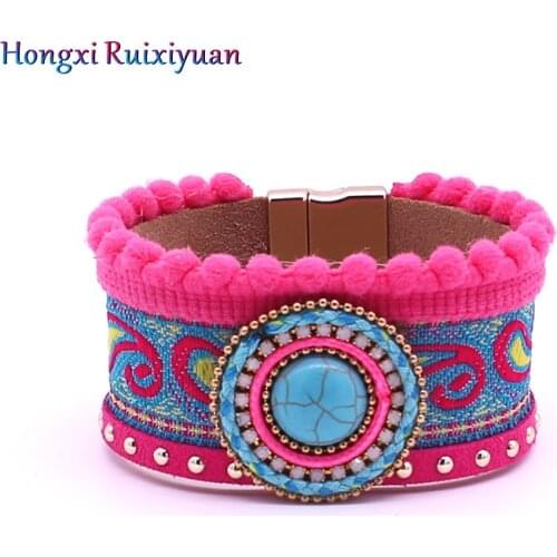 Fashion Leather Bracelet Bohemian Fabric Leather Crystal Bracelets for Women Magnet Buckle Hand Embroidered Bracelet Jewelry