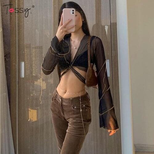 Tossy Lace See-Through Crop Top Cardigan Women Black Sexy Flare Long Sleeve Tops Female Mesh V-Neck Ruffle Top Tee Summer New