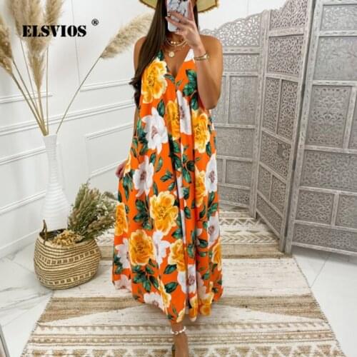 Women Fashion Floral Printed Sling V Neck Summer Dress Sexy Off-shoulder Sleeveless Slim Elegant Loose Party Beach Long Dresses