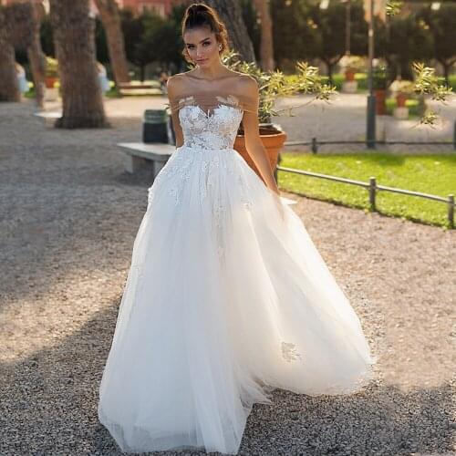 Strapless Champagne Off Shoulder Appliques Lace A-Line Tulle 2021 Wedding Dress Bridal Gown Vestido De Novia