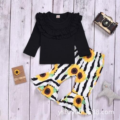 Newborn Kids Baby Girls free shipping Clothes solid Ruffle pullover long sleeve Tops Sunflower print Striped Pants 2pc Outfits