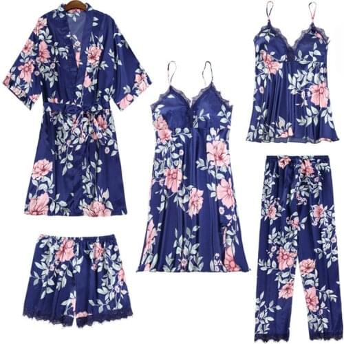 2020 Robe Sets Women Sexy Summer Silk Lingerie Pijiama Satin Autumn Pajamas Gown Korean Five Piece Pajama Sets Pink Sleepwear