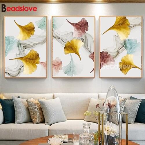 3pcs/set,diamond embroidery Gold Abstract Ginkgo Flowers full drill square diamond painting round 5d mosaic art cross-stitch