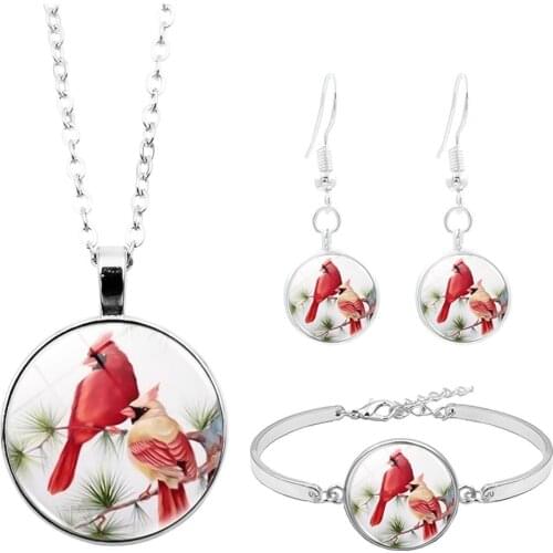 3Pcs/Set Cardinals Bird Glass Cabochon Pendant Women Necklace Bracelet Earrings
