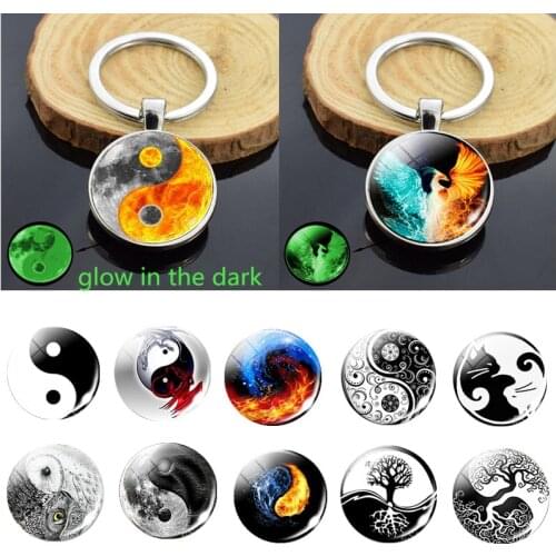 Tai Chi Yin Yang Keychain Black and White Taoism Tree of Life Ice and Fire Phoenix Double Face Glass Dome Keyring Jewelry Gift
