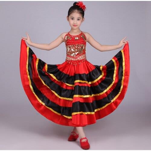 Children 's Belly Dance Costumes Kids Girls Spanish Flamenco Long Skirt Striped Bling Ballroom Stage Wear Performance Dress