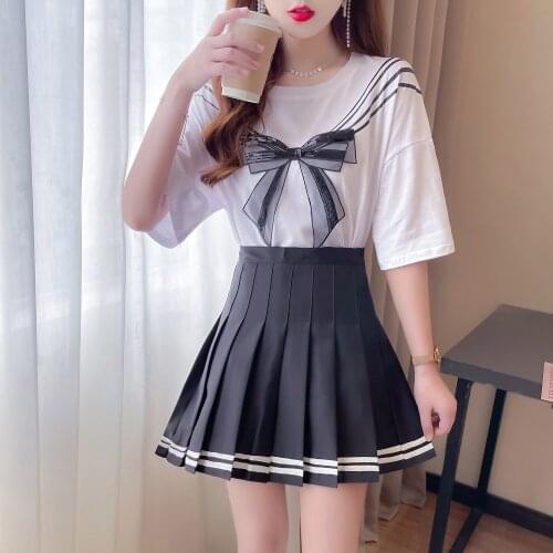 College wind age reduction sweet three-dimensional mesh sequined bow decoration short-sleeved T-shirt pleated skirt suit