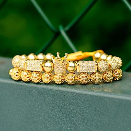 Trendy Men Luxury Gold Crown Bracelet Homme Fashion Cubic Micro Pave CZ Ball Braided Bracelet Man Jewelry Pulseira Bileklik